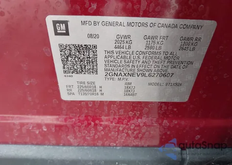 2020 Chevrolet Equinox Fwd Premier 1.5L Turbo from USA, damaged, VIN 2GNAXNEV9L6270607